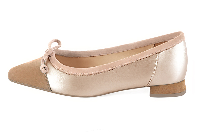 Tan beige, gold and powder pink women's ballet pumps, with low heels. Square toe. Flat flare heels. Profile view - Florence KOOIJMAN